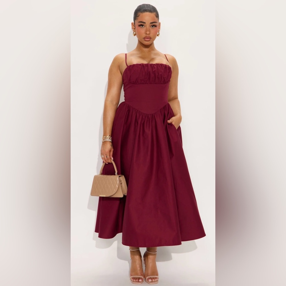 Fashion Nova One-Shoulder Burgundy Midi Dress